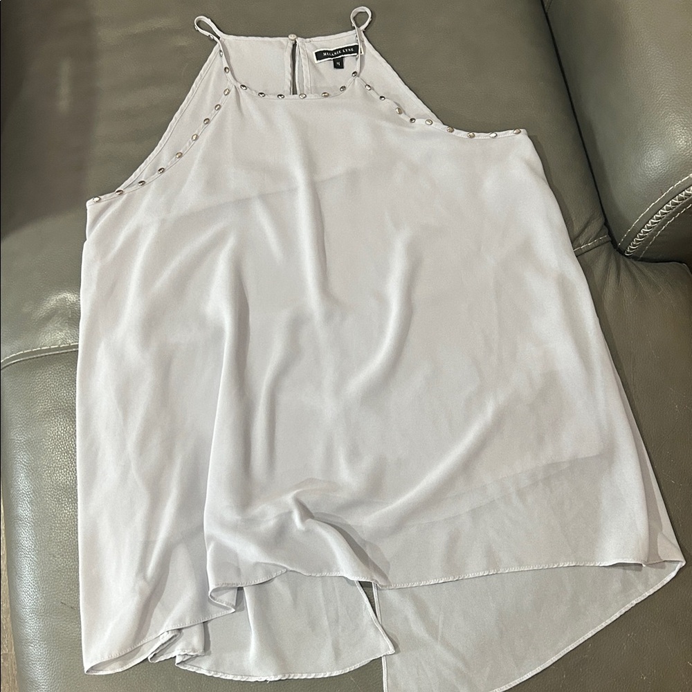 Melanie Lyne Sleeveless sheer layered light blue top w/studded accents-size 14